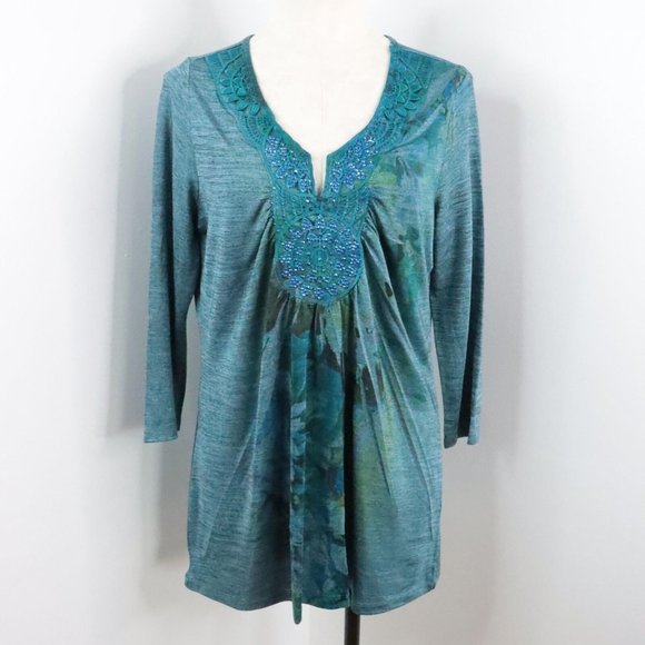 One World Women's L Blue Floral Crochet Rhinestone Knit Long Sleeve Tunic Top - Picture 1 of 9